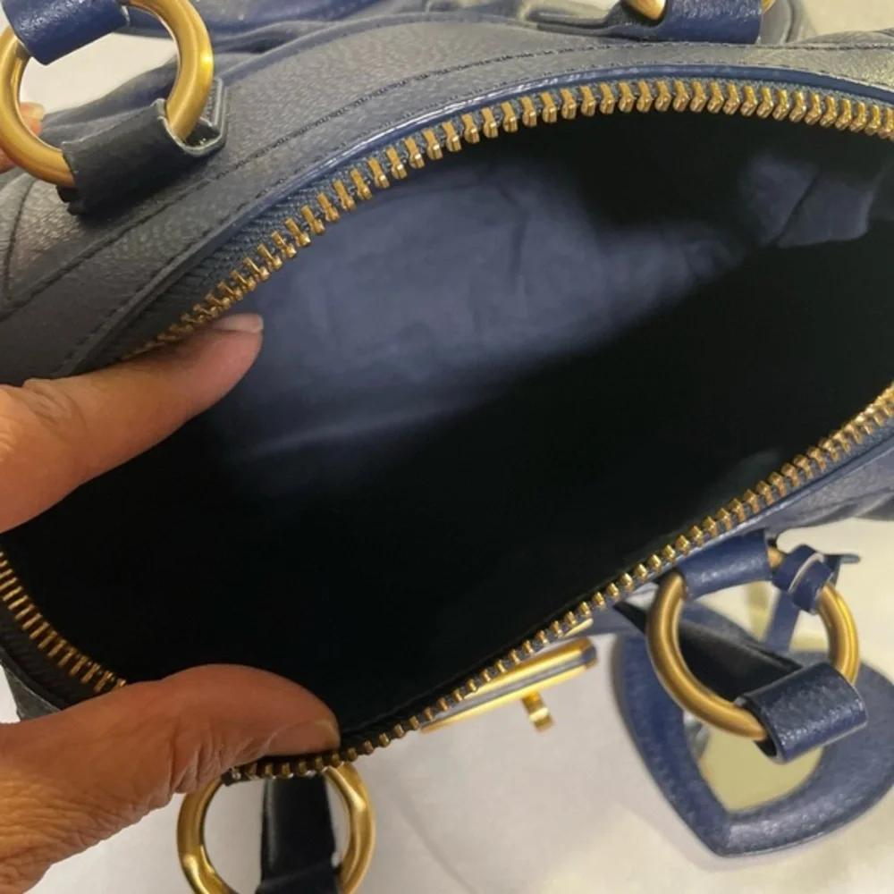 🟢 Samantha Thavasa Bow-Embellished Satchel / Boston Bag Navy Blue, Gold Hardware